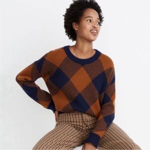 Madewell Mullen Pullover Sweater in Plaid Blue Brown